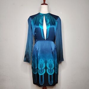 NWT Holly Fulton Silk Satin Long Sleeve Cocktail Dress Multi Blues Size UK10/US6